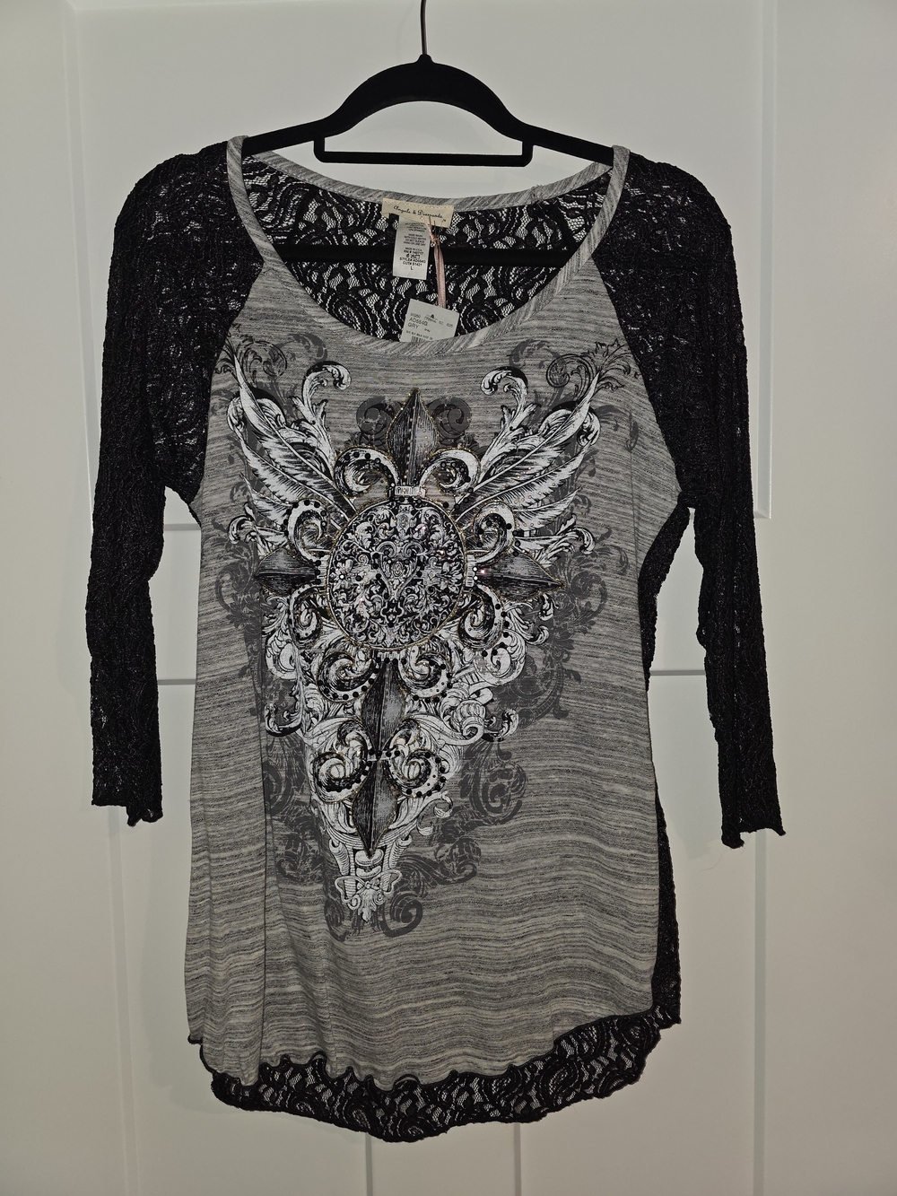 Angels & Diamonds Gray Graphic Raglan Top with Black Lace Sleeves